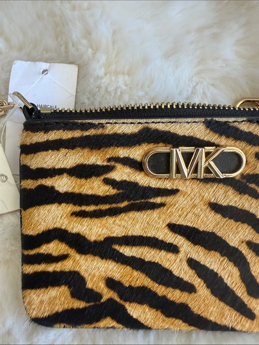 Michael Kors Tiger Stripe Haircalf Wristlet Wallet Tan/Black with Gold Hardware